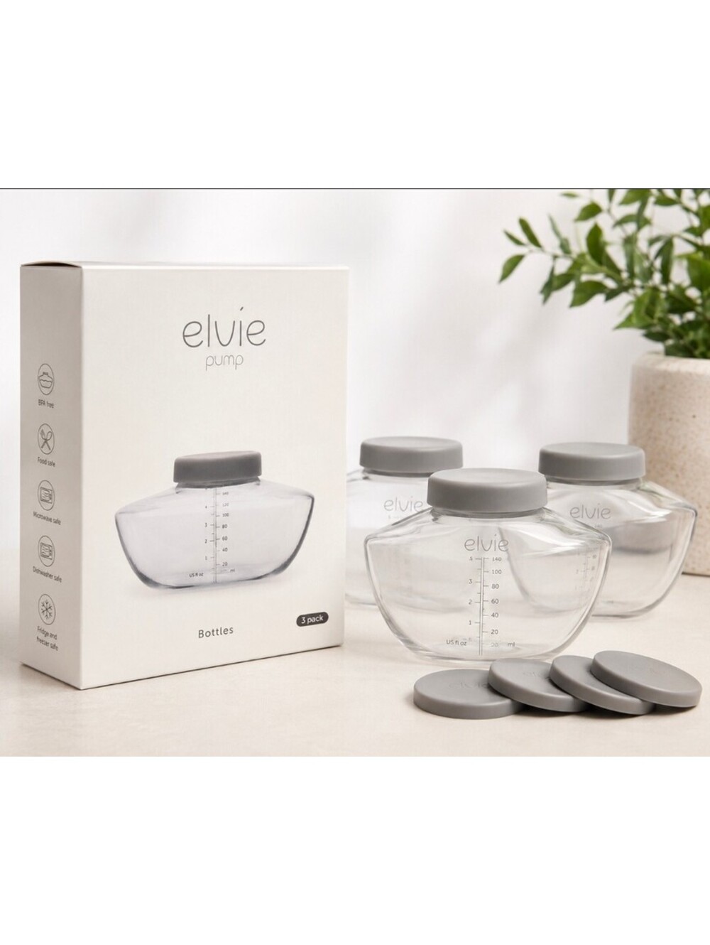 Elvie Pump Breast Milk Collection Storage Bottles 5 oz 150ml 3 Pack w/ Lids